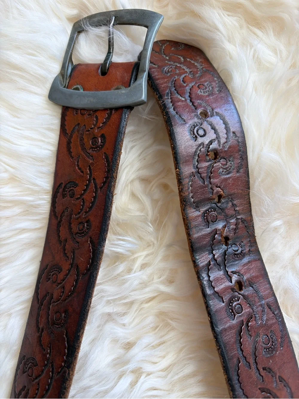 Vintage Hand Tooled Brown Embossed Leather Belt - Classic Western Style
